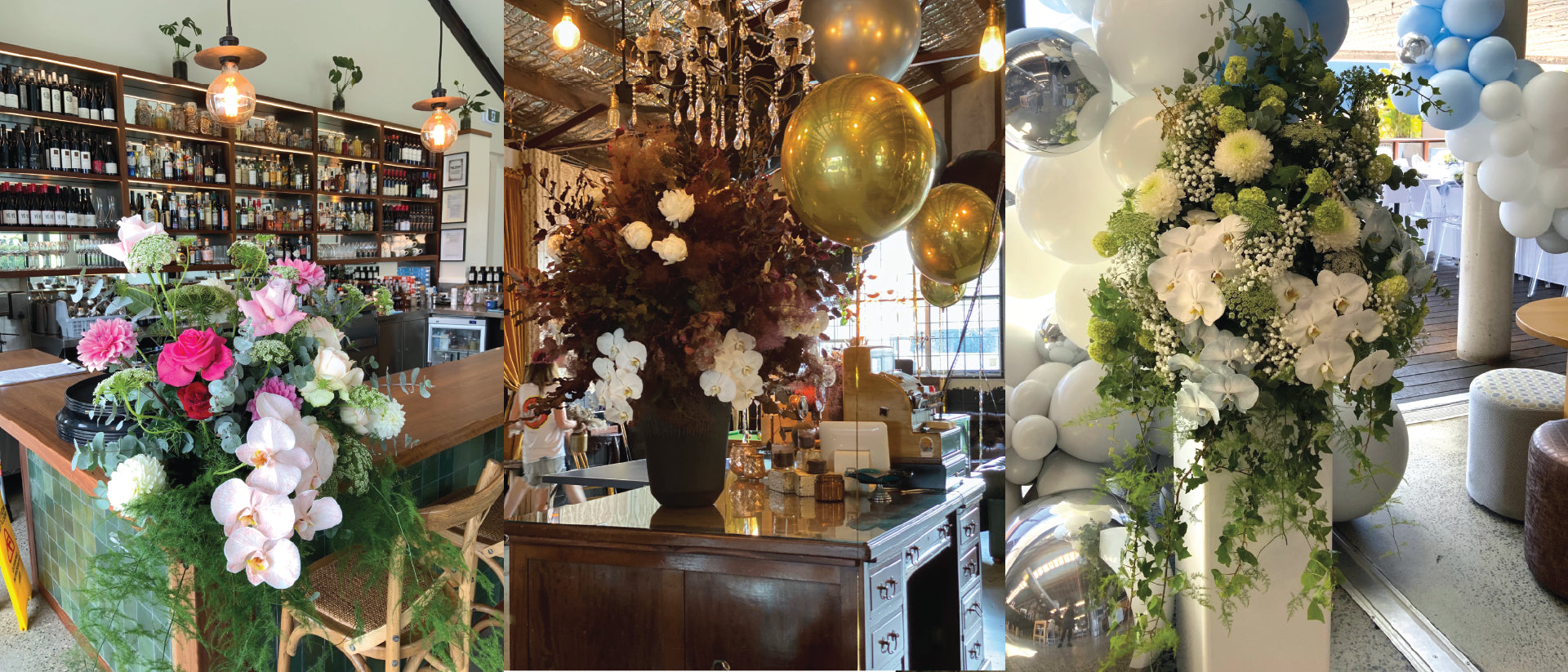 "Elegant corporate event florals by Fleurus — lush arrangements, orchids and balloon installations for Gold Coast events and functions"